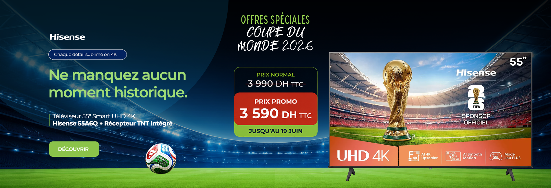 Téléviseur Hisense 55" Smart UHD 4K 55A6Q + Récepteur TNT Intégré